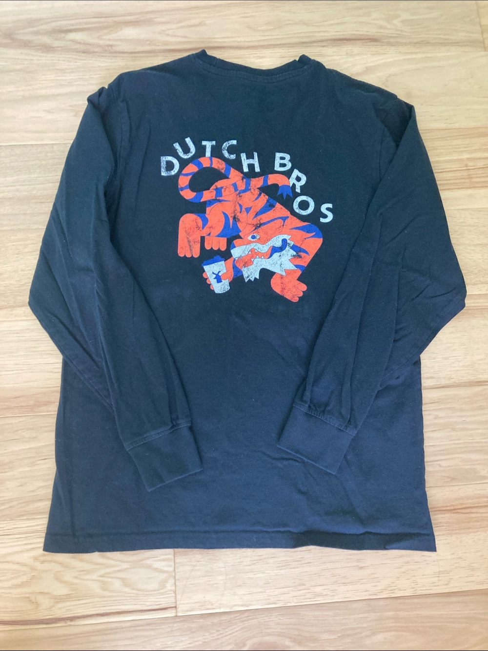 Dutch Bros Black Long Sleeve Tiger Tee with White and Blue Logo